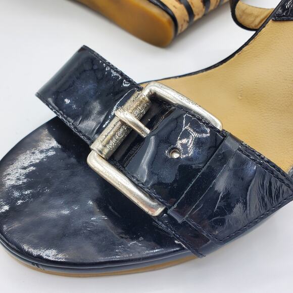 Michael Kors Pacific Patent Leather Wedge Buckle Strap Sandal Heel Shoe 7.5 - Picture 6 of 10